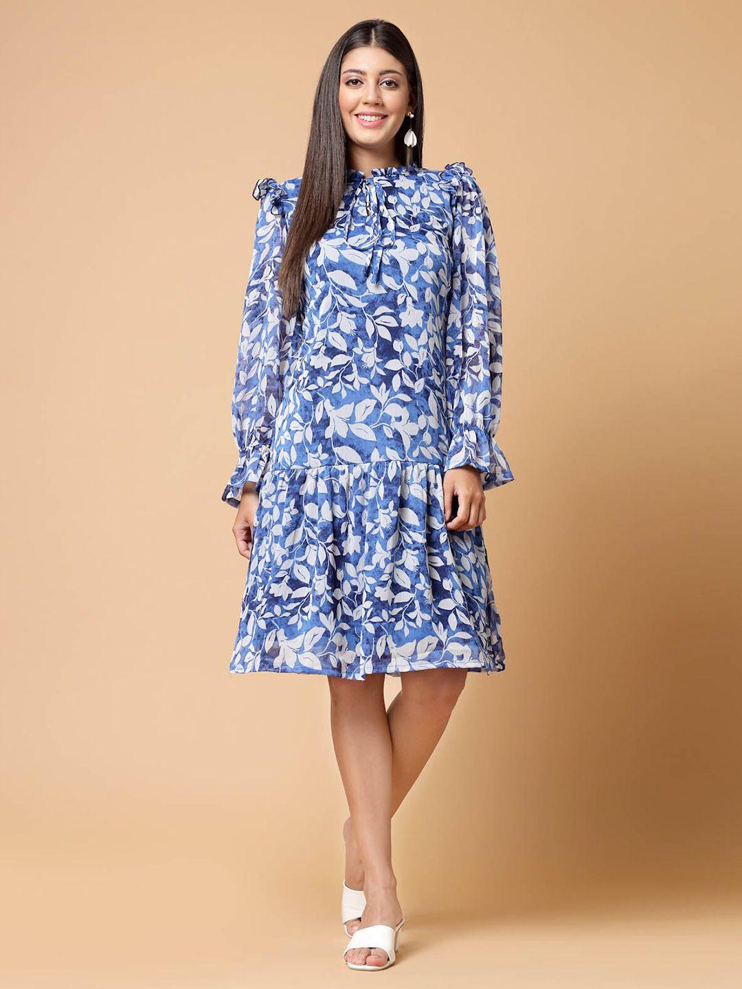 pluss blue floral printed tie-up neck puff sleeves ruffles flounce hem drop-waist dress