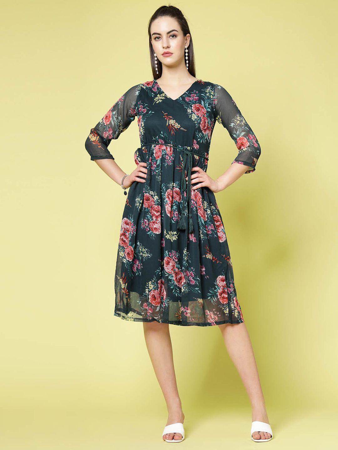 pluss green floral printed v-neck tie-up detail fit & flare dress