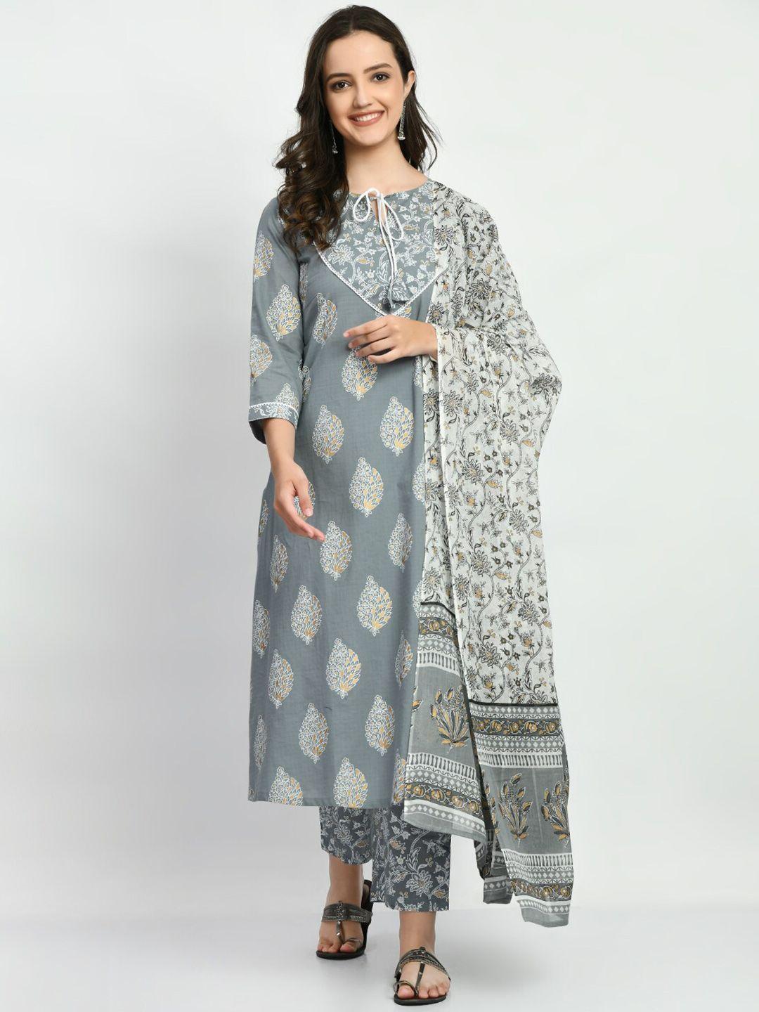 kalini floral printed regular pure cotton a-line kurta & trousers with dupatta