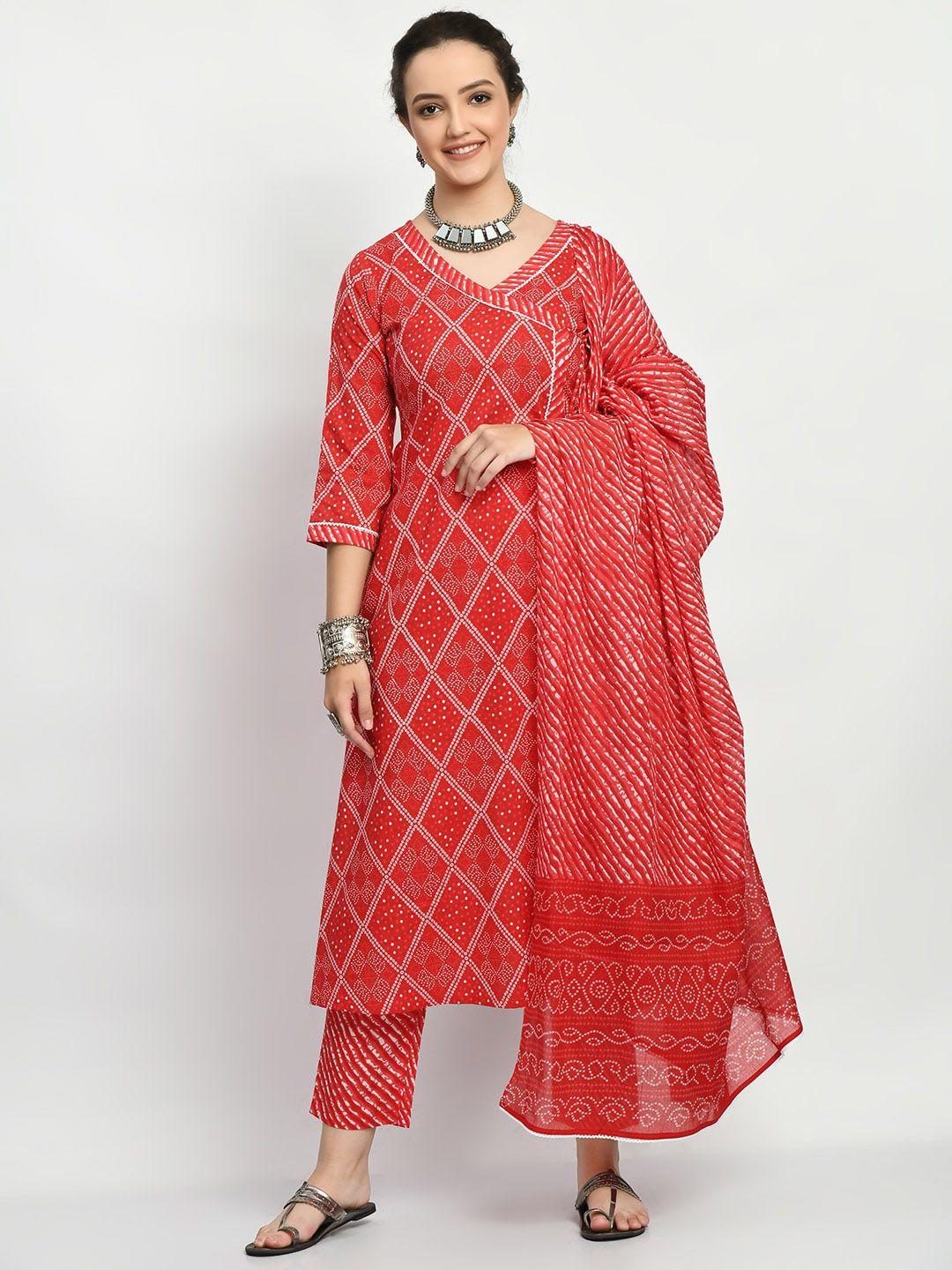 kalini bandhani printed angrakha pure cotton anarkali kurta & trousers with dupatta