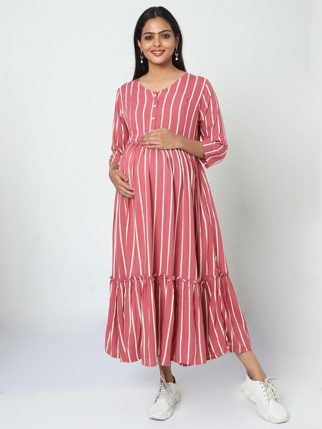 manet striped printed round neck cotton maternity and feeding  midi dress