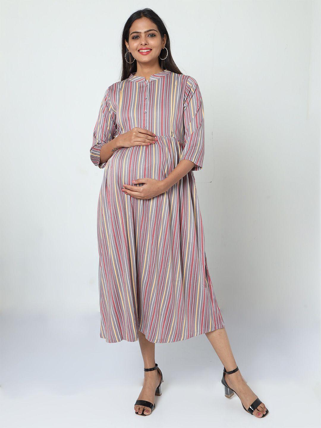 manet striped printed mandarin collar cotton maternity and feeding  midi dress