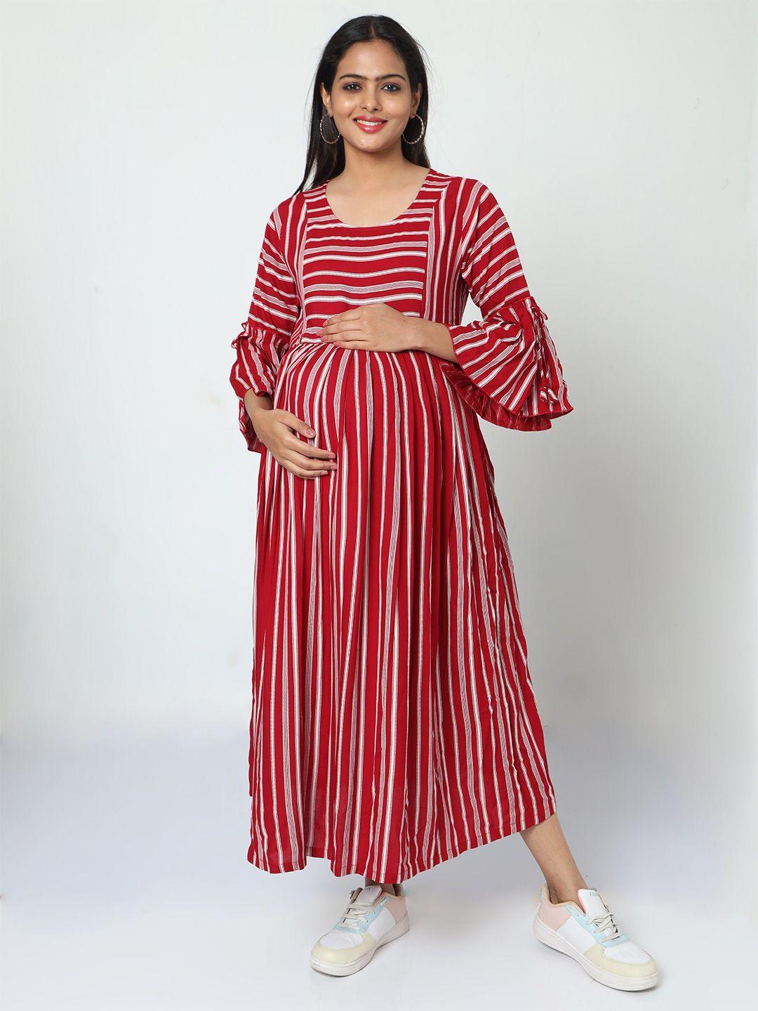 manet striped printed round neck cotton maternity and feeding  midi dress