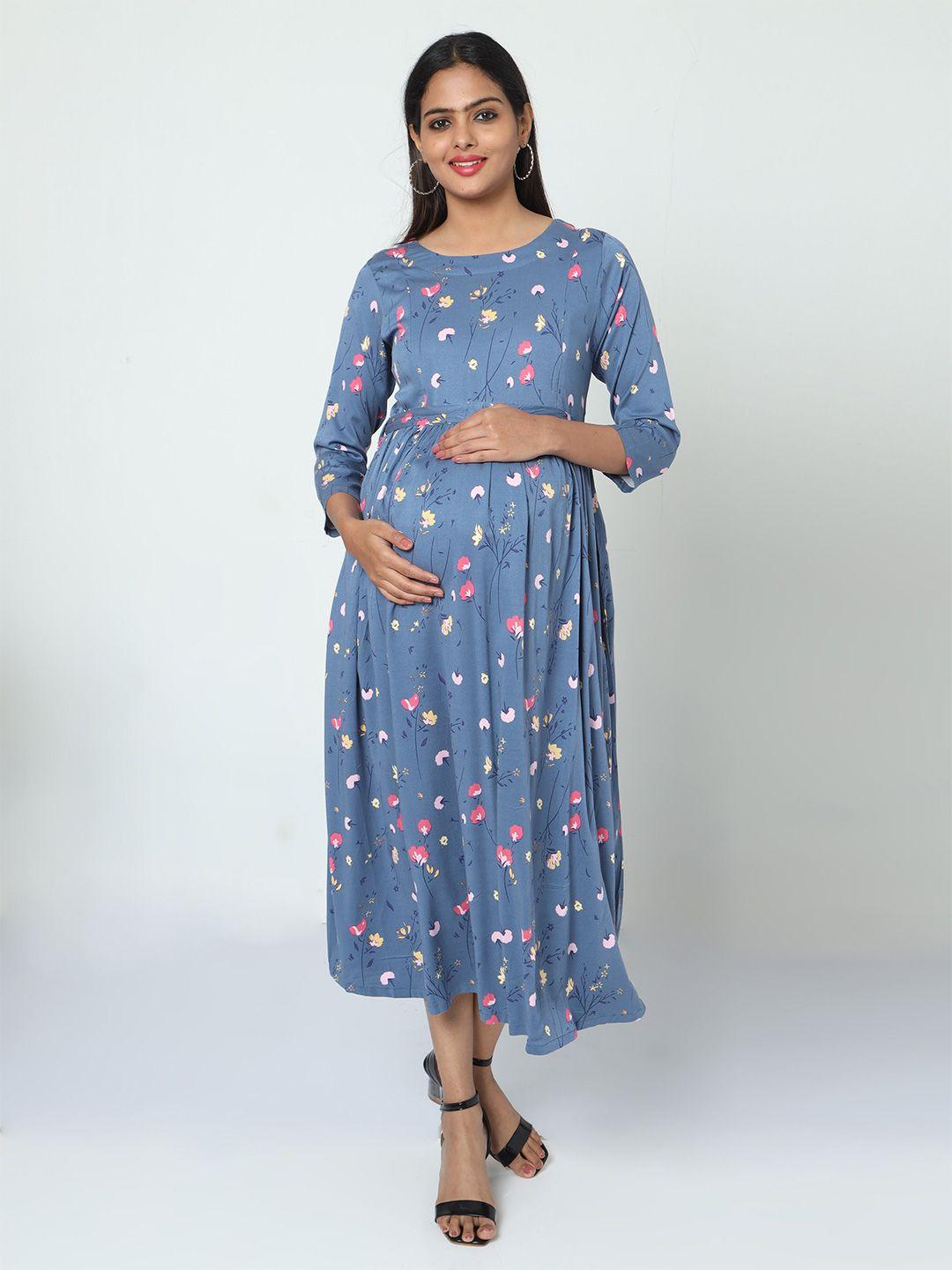 manet floral printed round neck cotton maternity and feeding  midi dress