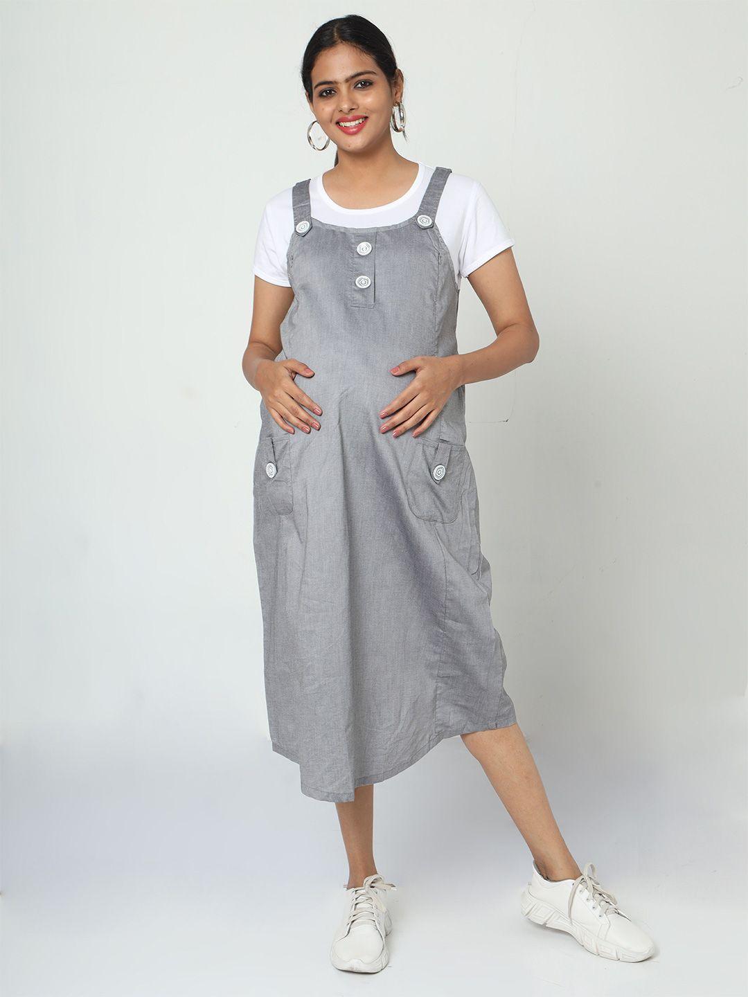 manet shoulder strap cotton maternity and feeding pinafore midi dress