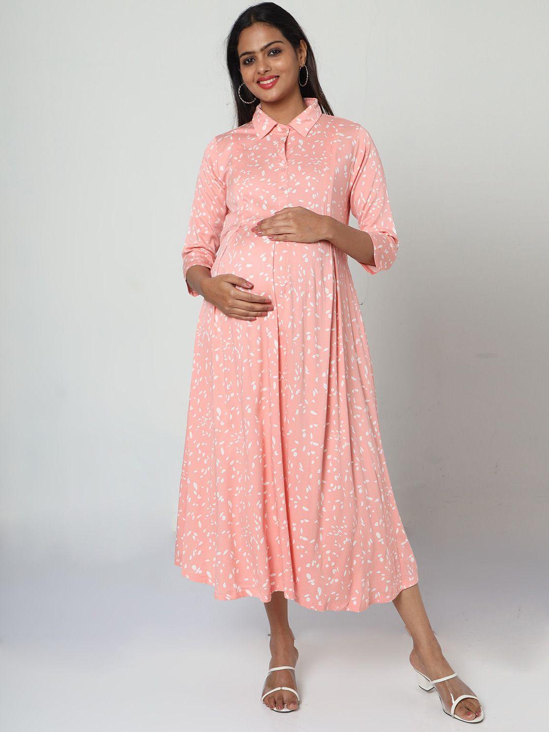 manet pink floral print fit & flare cotton maternity midi dress