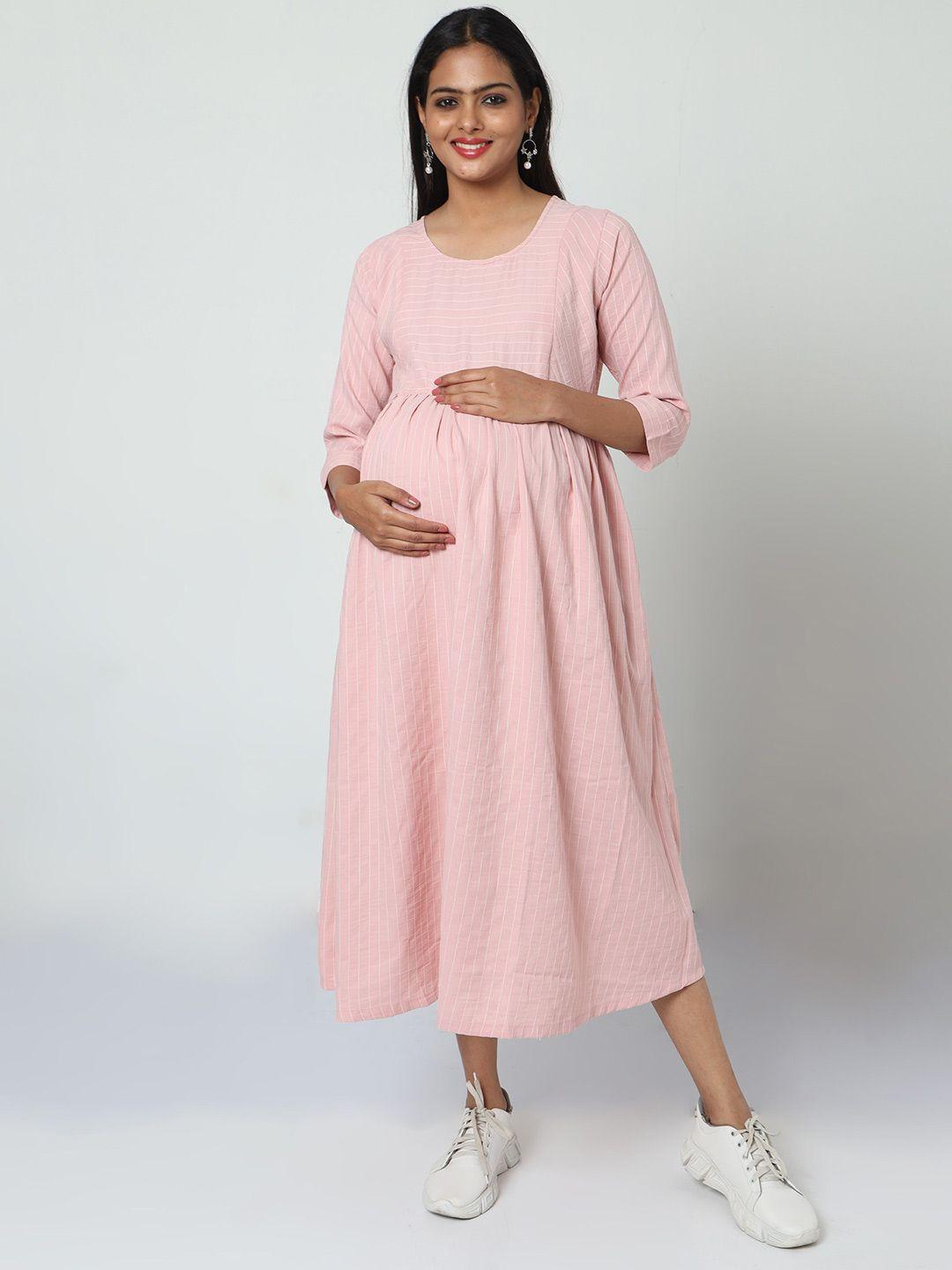 manet striped printed round neck cotton maternity and feeding  midi dress