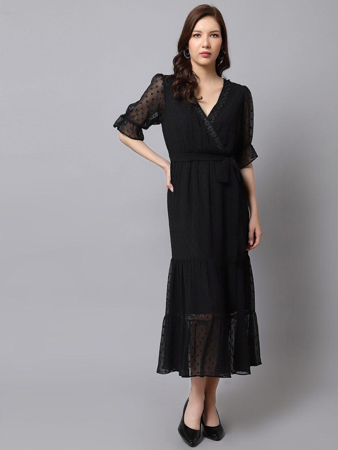 just wow puff sleeves dobby chiffon midi wrap dress