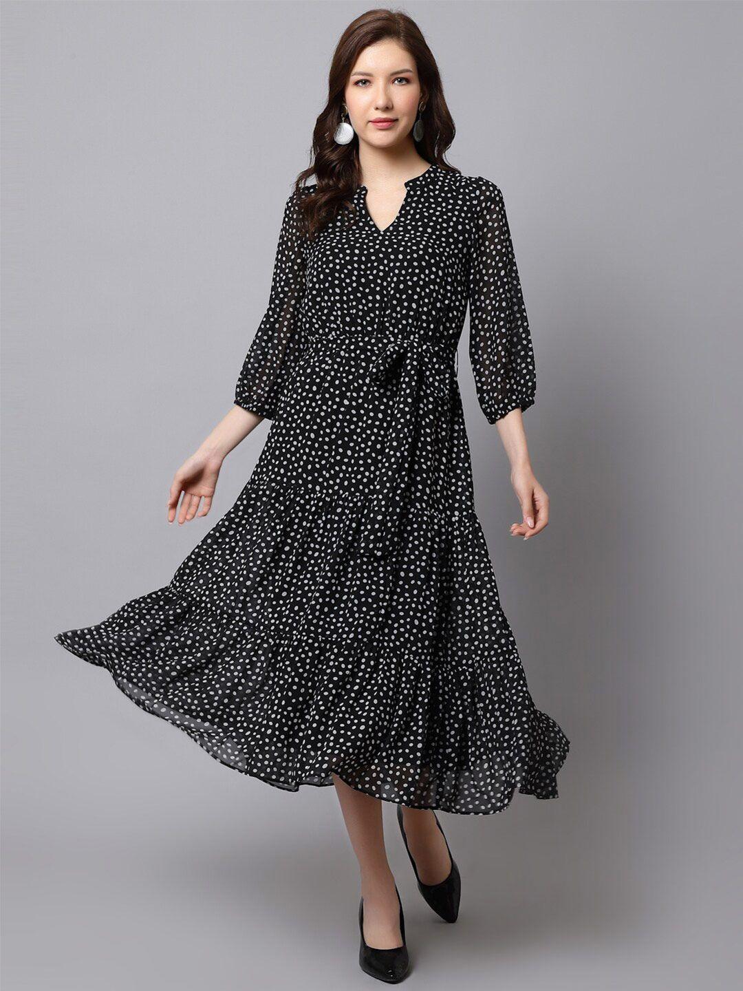 just wow polka dot printed georgette tiered a-line midi dress