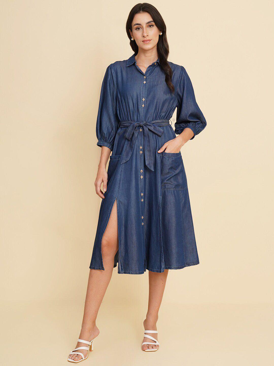 house of kkarma shirt collar puff sleeves cotton shirt midi dress