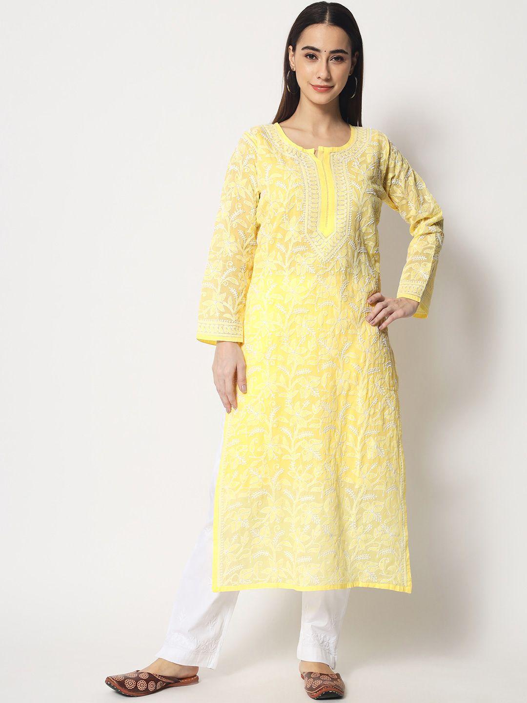 paramount chikan chikankari embroidered round neck long sleeves kurta