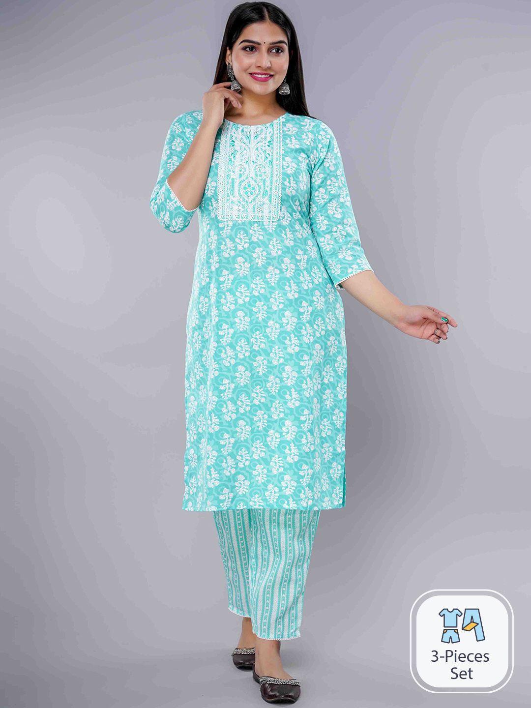 ikdaiya ethnic motifs printed pure cotton kurta with trousers & dupatta