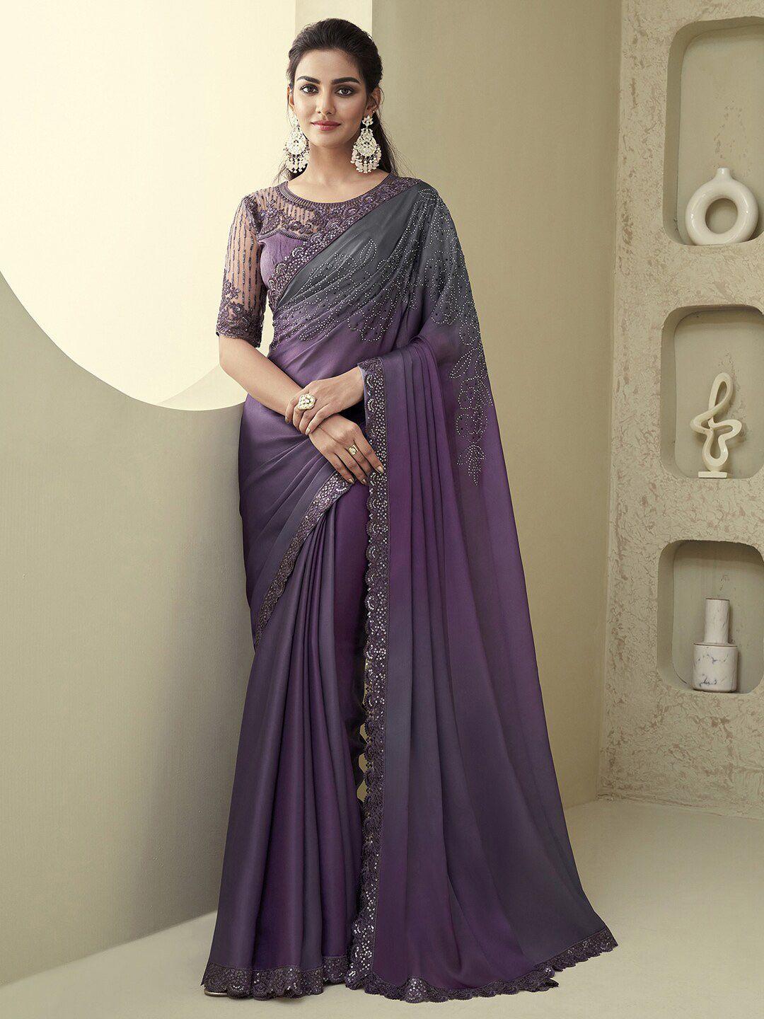 mitera violet & grey embellished pure georgette saree