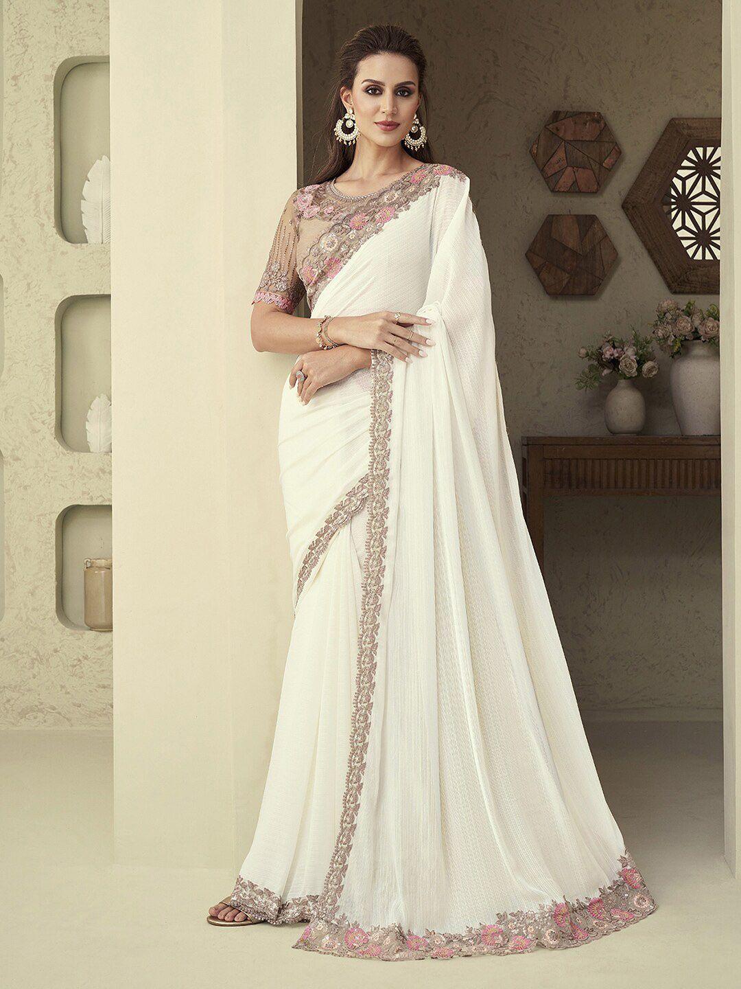 mitera white & pink sequinned pure georgette saree