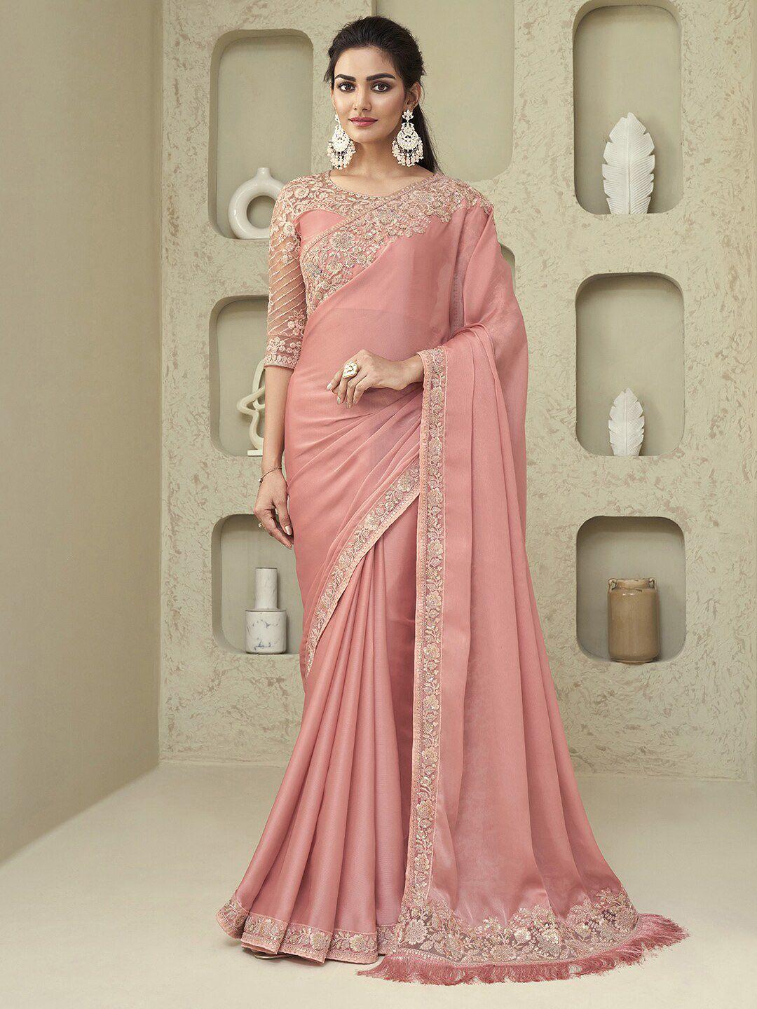 mitera pink & gold-toned embroidered pure georgette saree