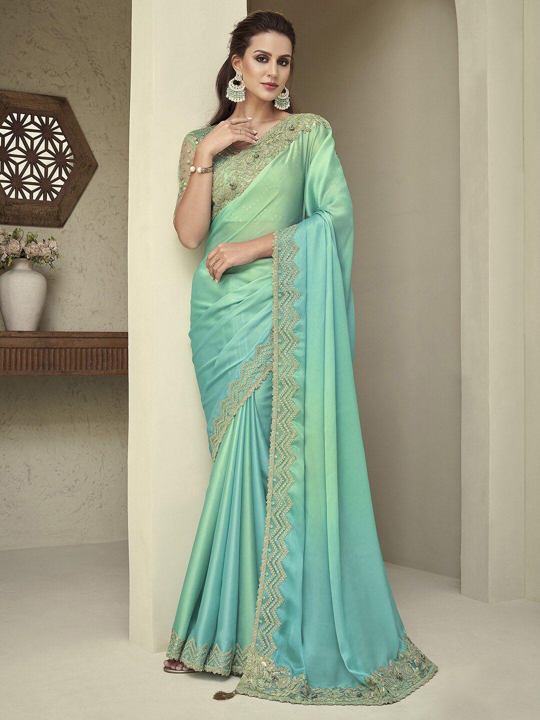 mitera blue & green embroidered pure georgette saree