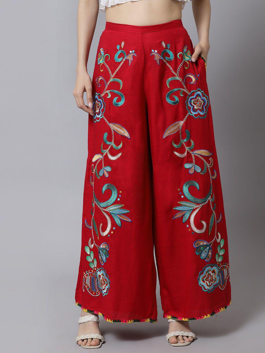 just wow women floral embroidered cotton knitted palazzos