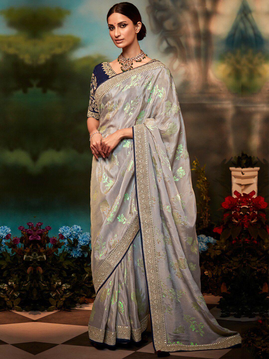 mitera gunmetal-toned & blue floral embroidered silk blend saree