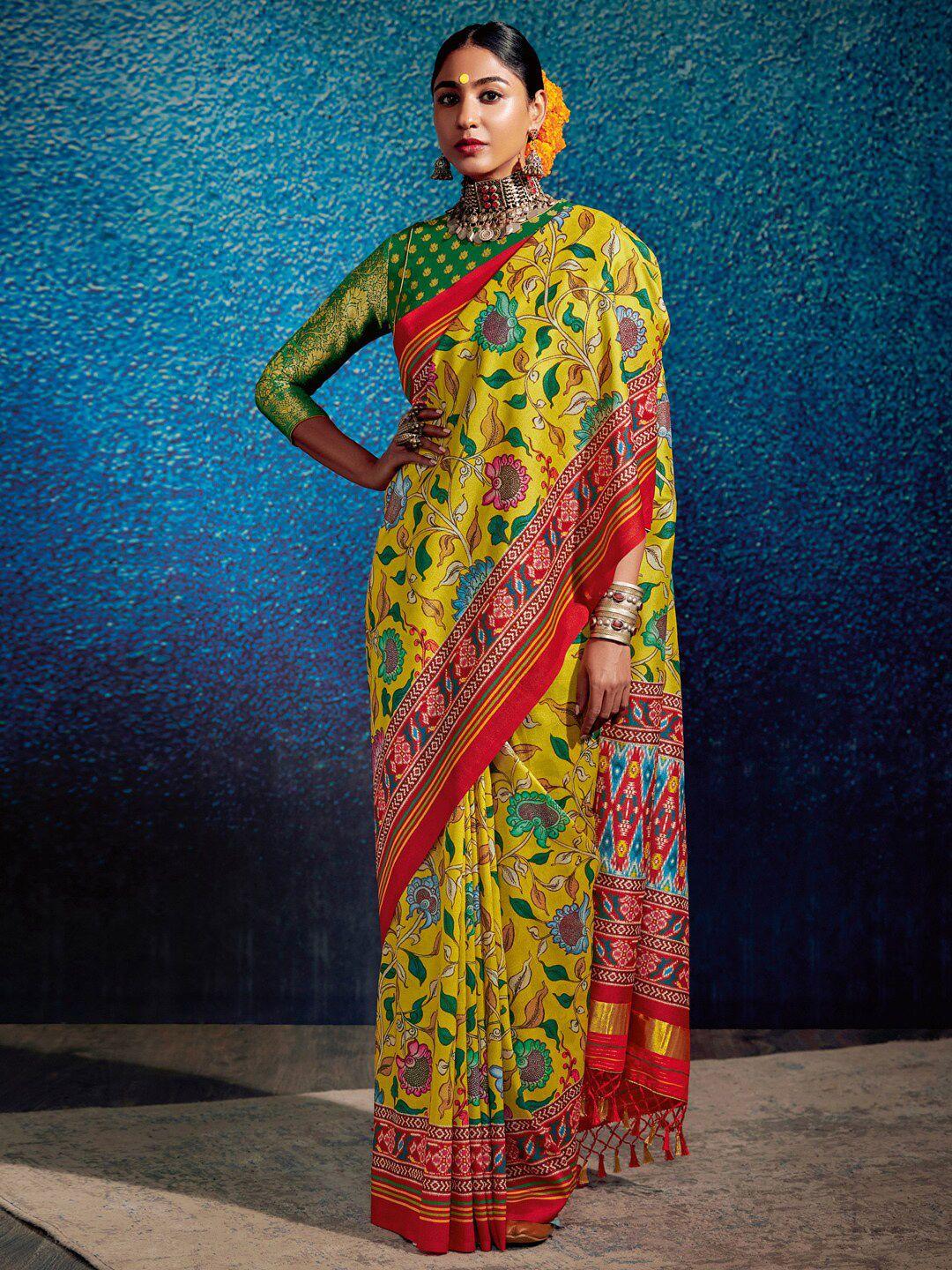 mitera yellow & red floral silk blend ikat saree