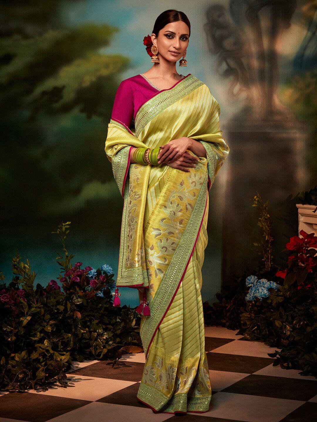 mitera green & pink striped embroidered silk blend banarasi saree