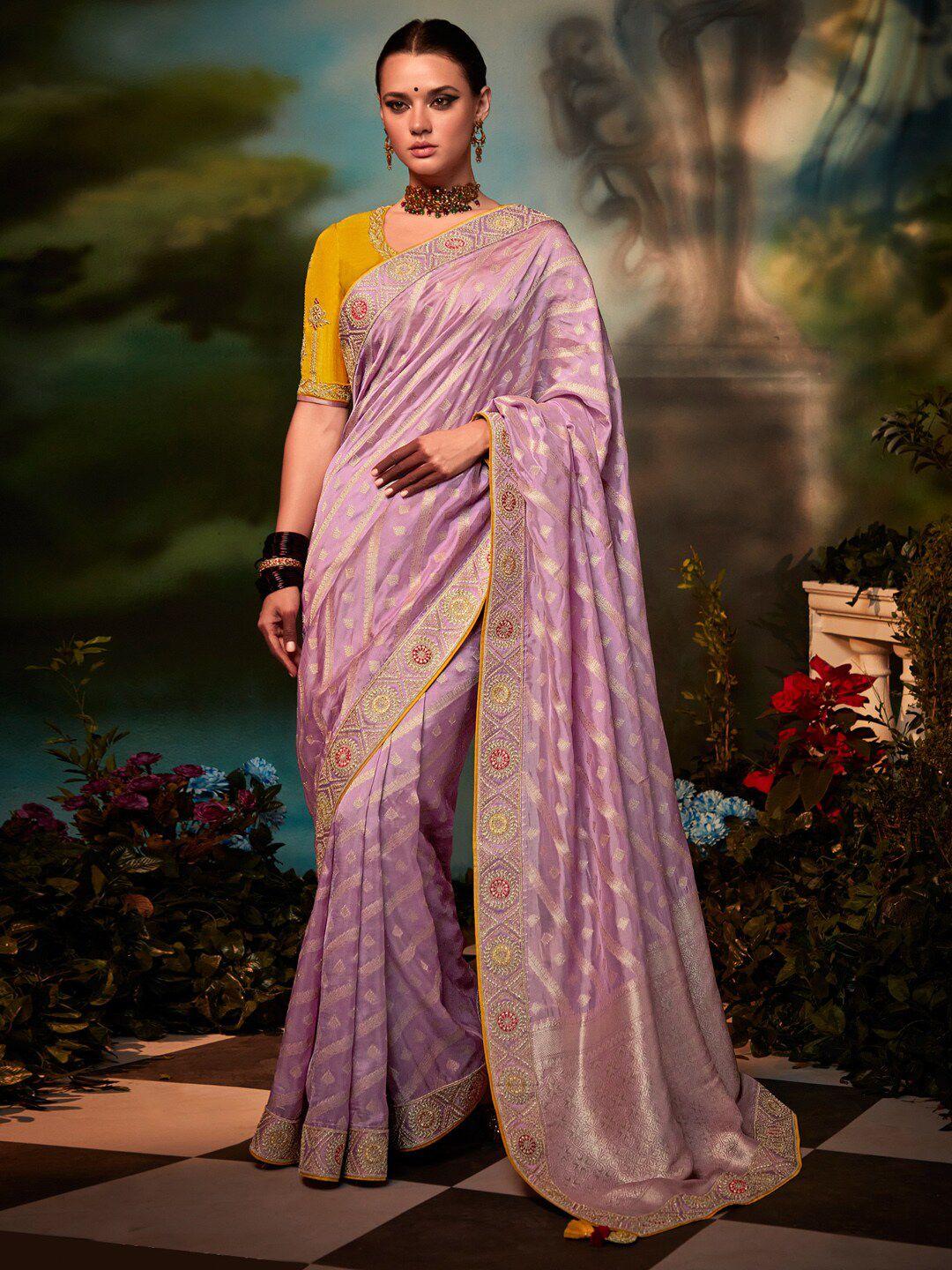 mitera lavender & gold-toned woven design zari silk blend banarasi saree