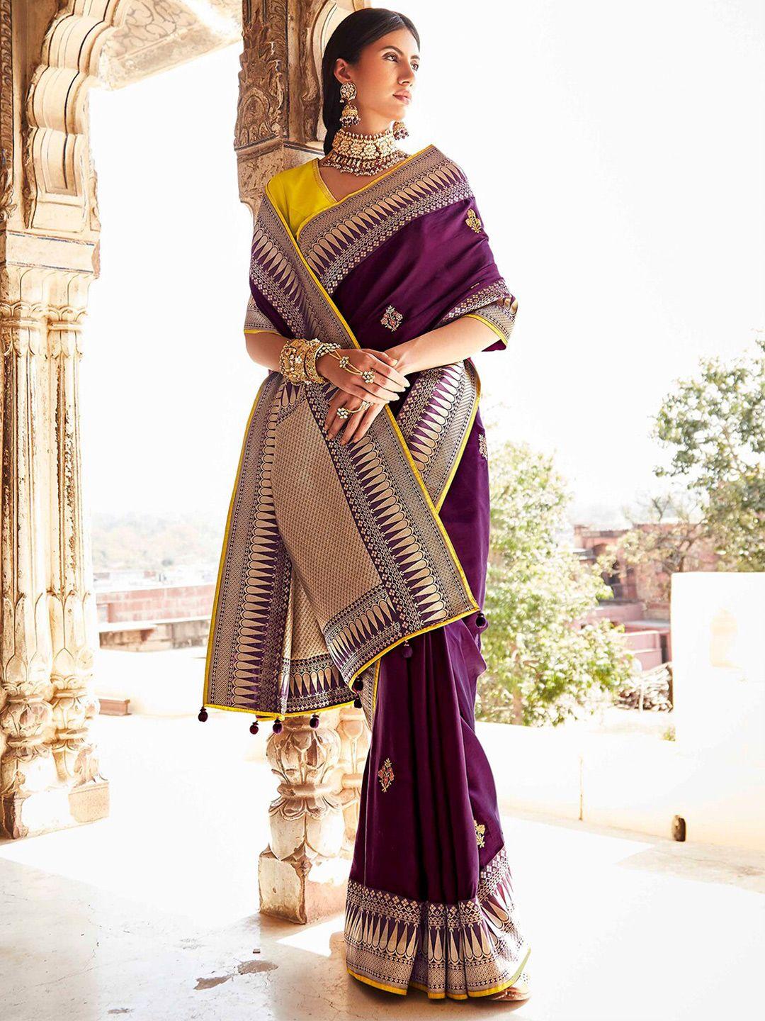 mitera purple & yellow floral zari silk blend banarasi saree