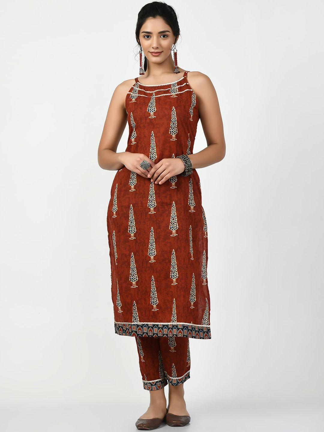 myshka floral printed regular pure cotton kurta with trousers