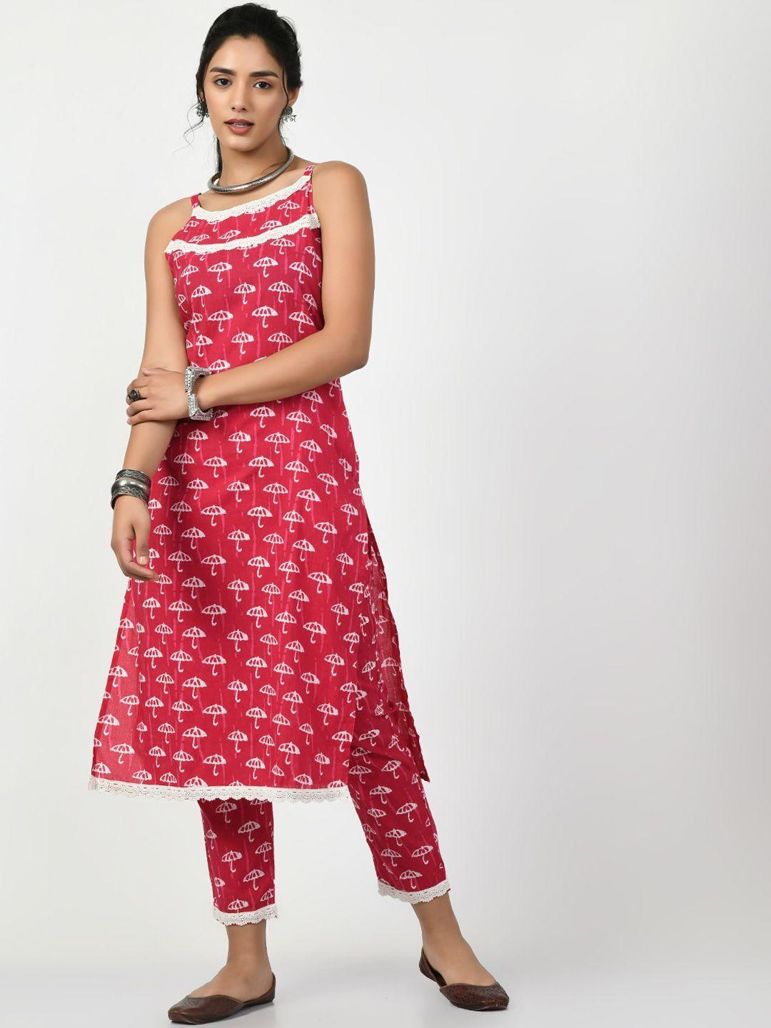 myshka ethnic motif printed shoulder straps cotton kurta set