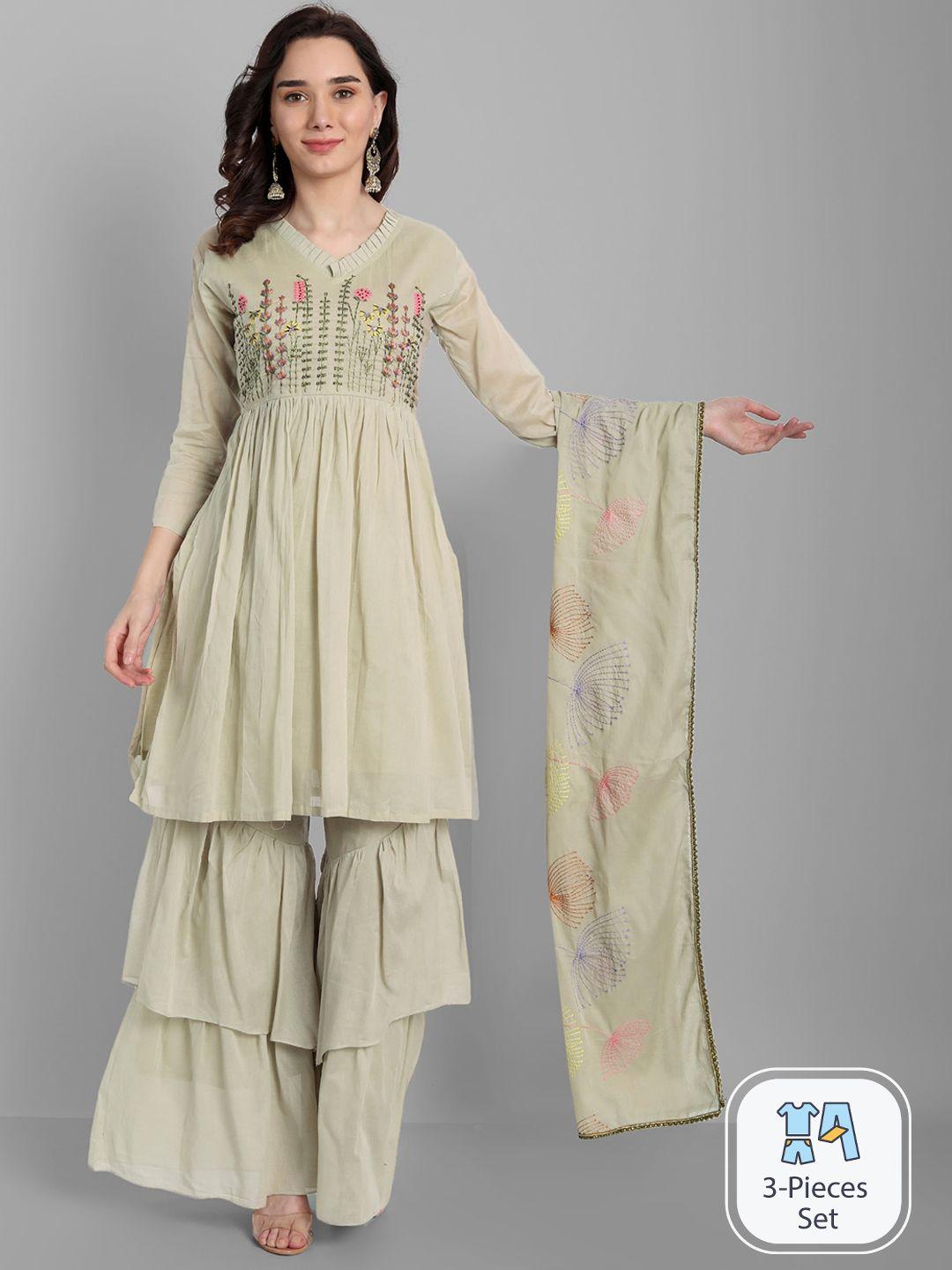 kalini floral embroidered thread work pure cotton a-line kurta & sharara with dupatta