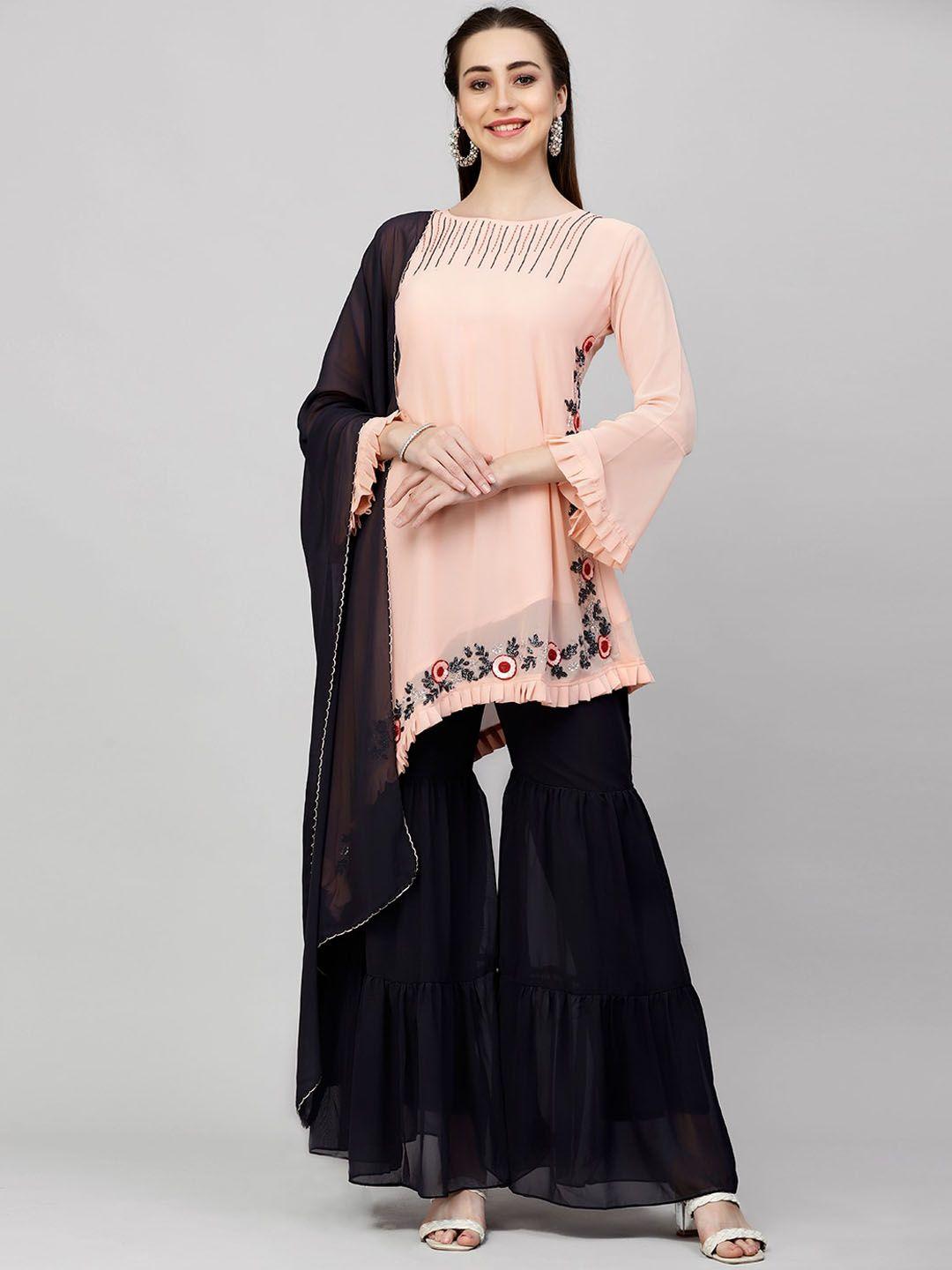 kalini floral embroidered kurta with sharara & dupatta