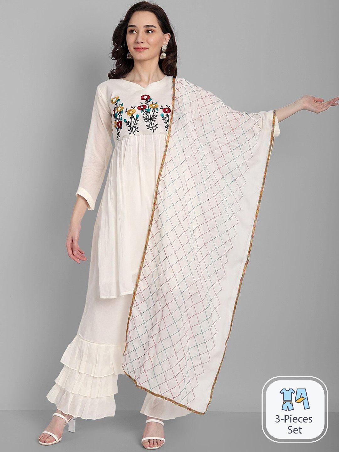 kalini floral embroidered empire thread work pure cotton kurta with sharara & dupatta