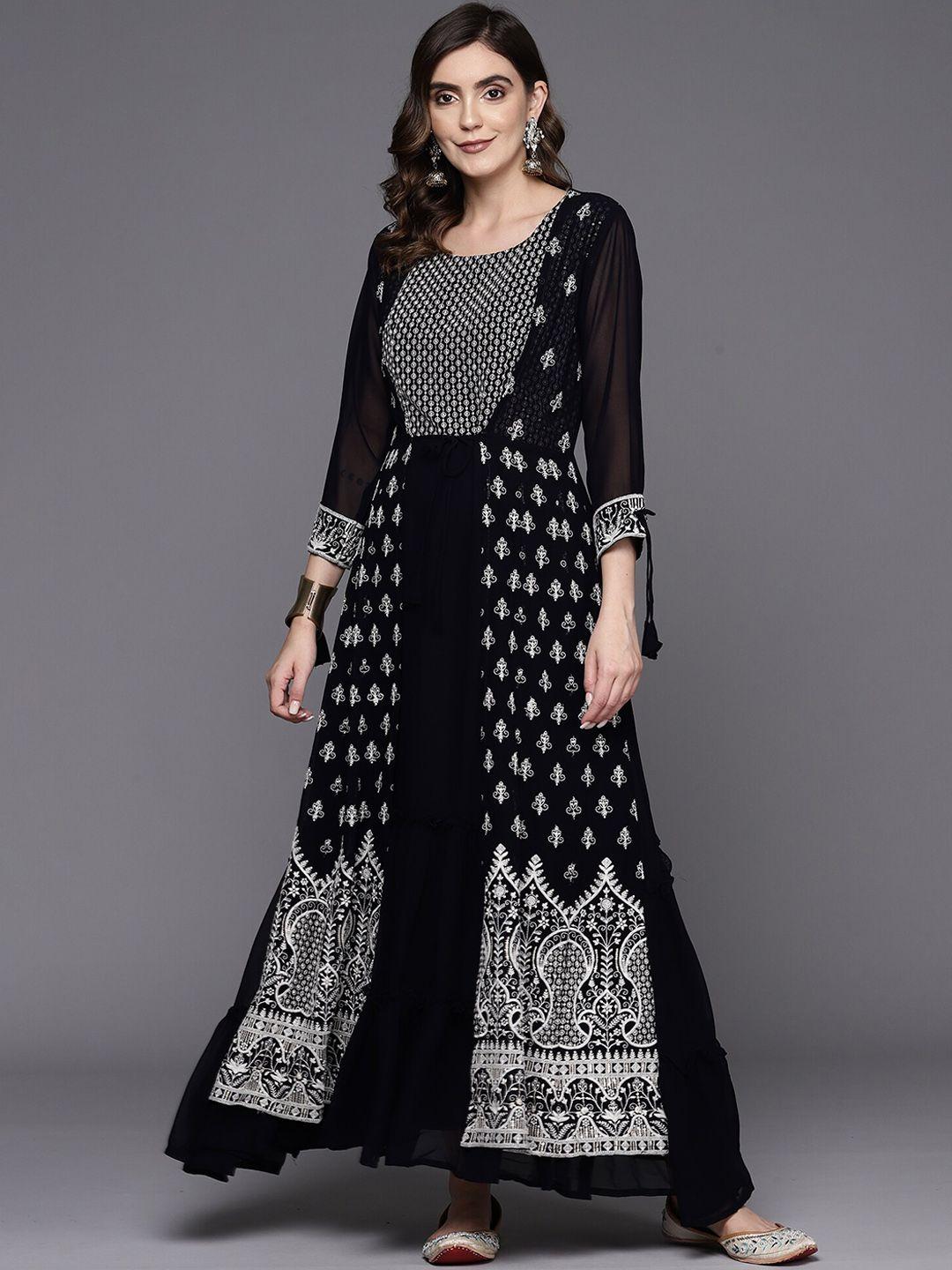 indo era ethnic motifs embroidered georgette a-line ethnic dress