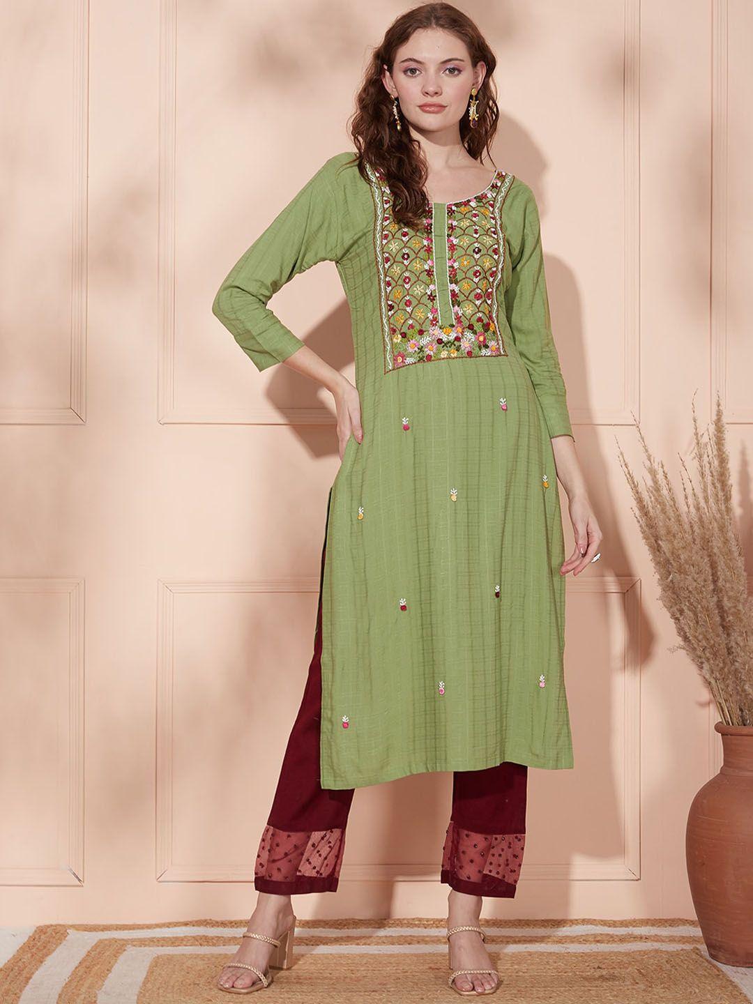 fashor women green embroidered thread work kurta