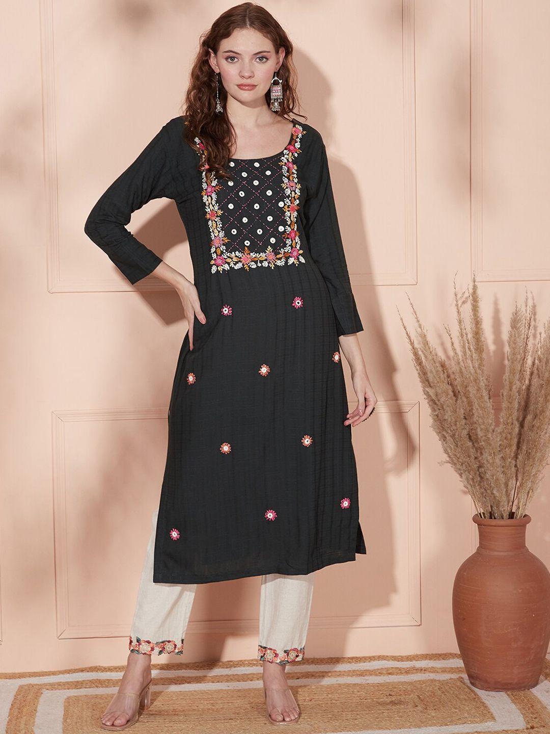 fashor green floral embroidered thread work kurta