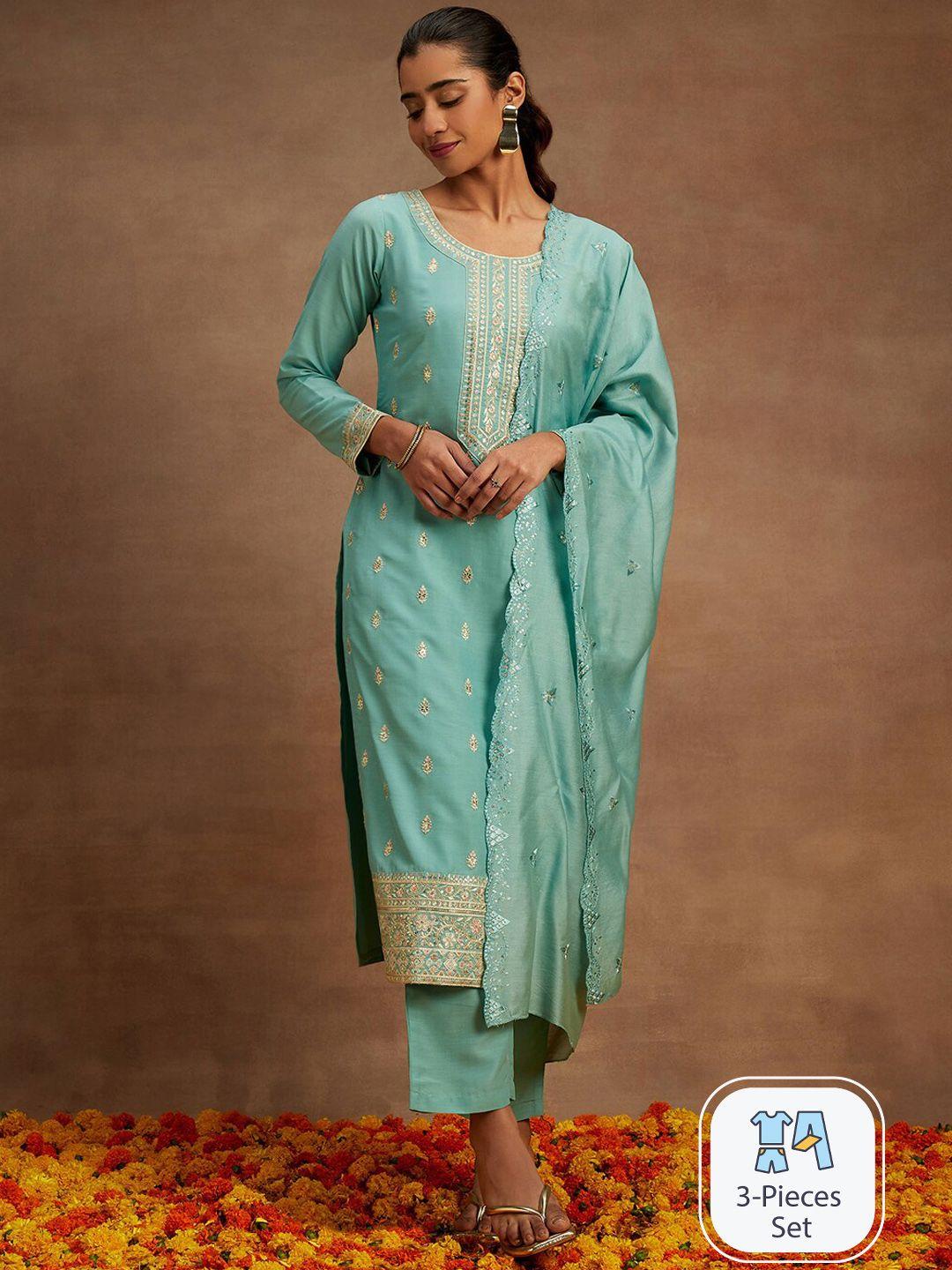 libas ethnic motifs embroidered pure silk straight kurta with trousers & dupatta