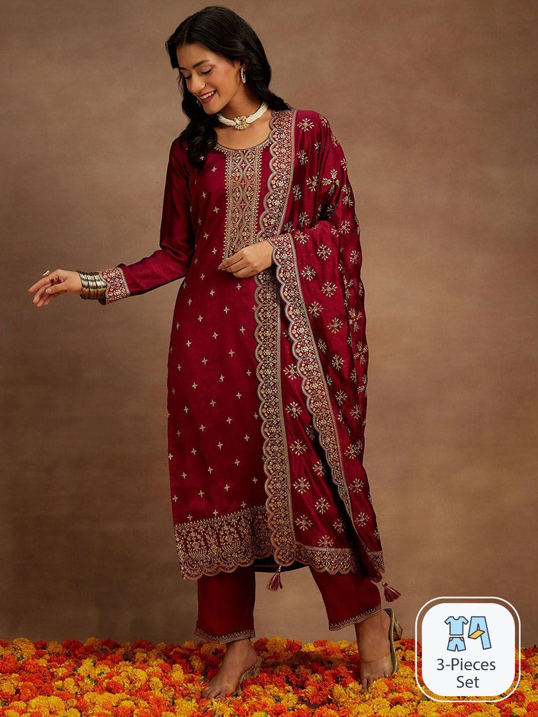 libas fuchsia ethnic motifs embroidered thread work kurta with trousers & with dupatta