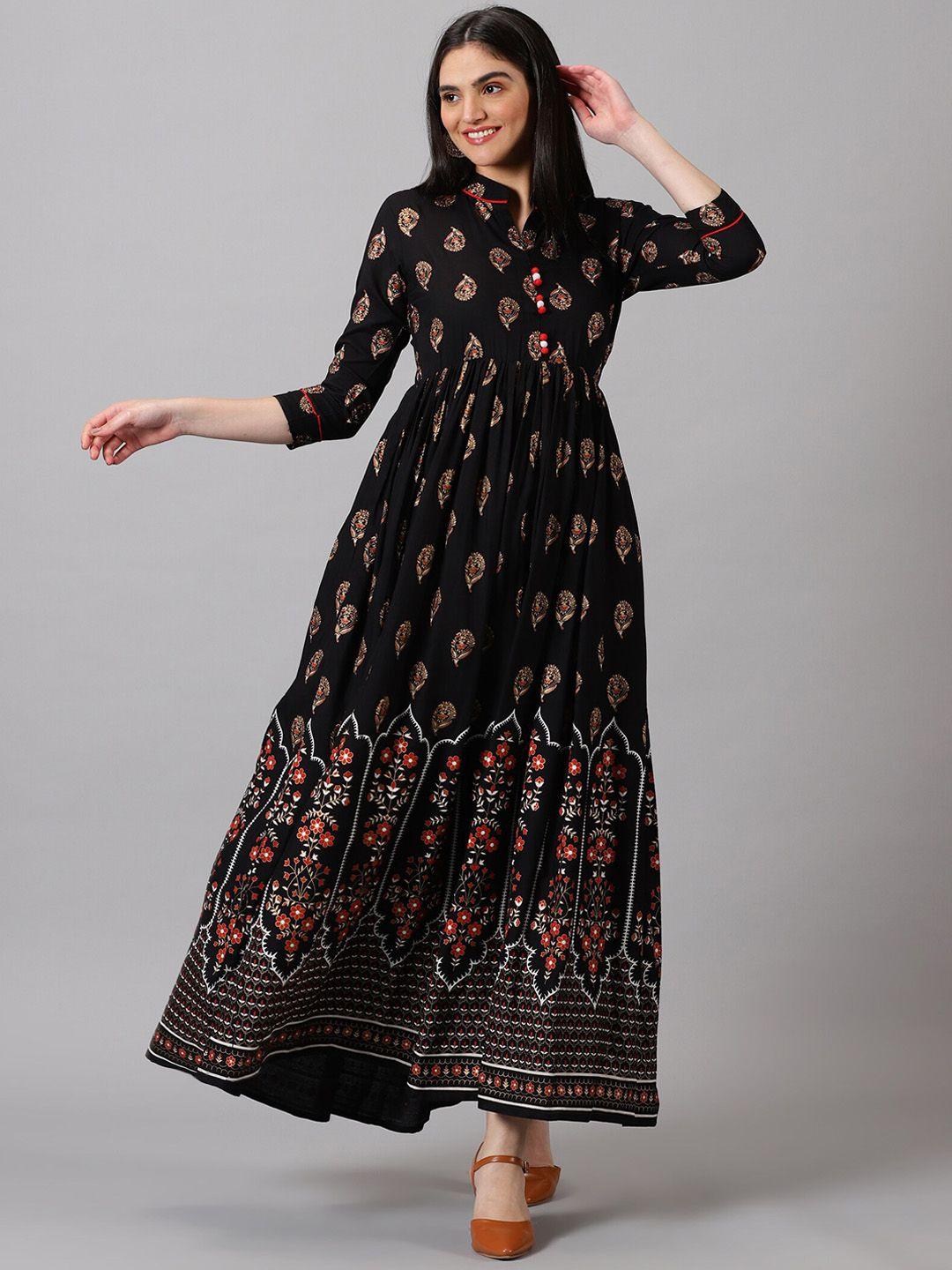 purshottam wala women black ethnic motifs printed flared sleeves sequinned floral anarkali kurta