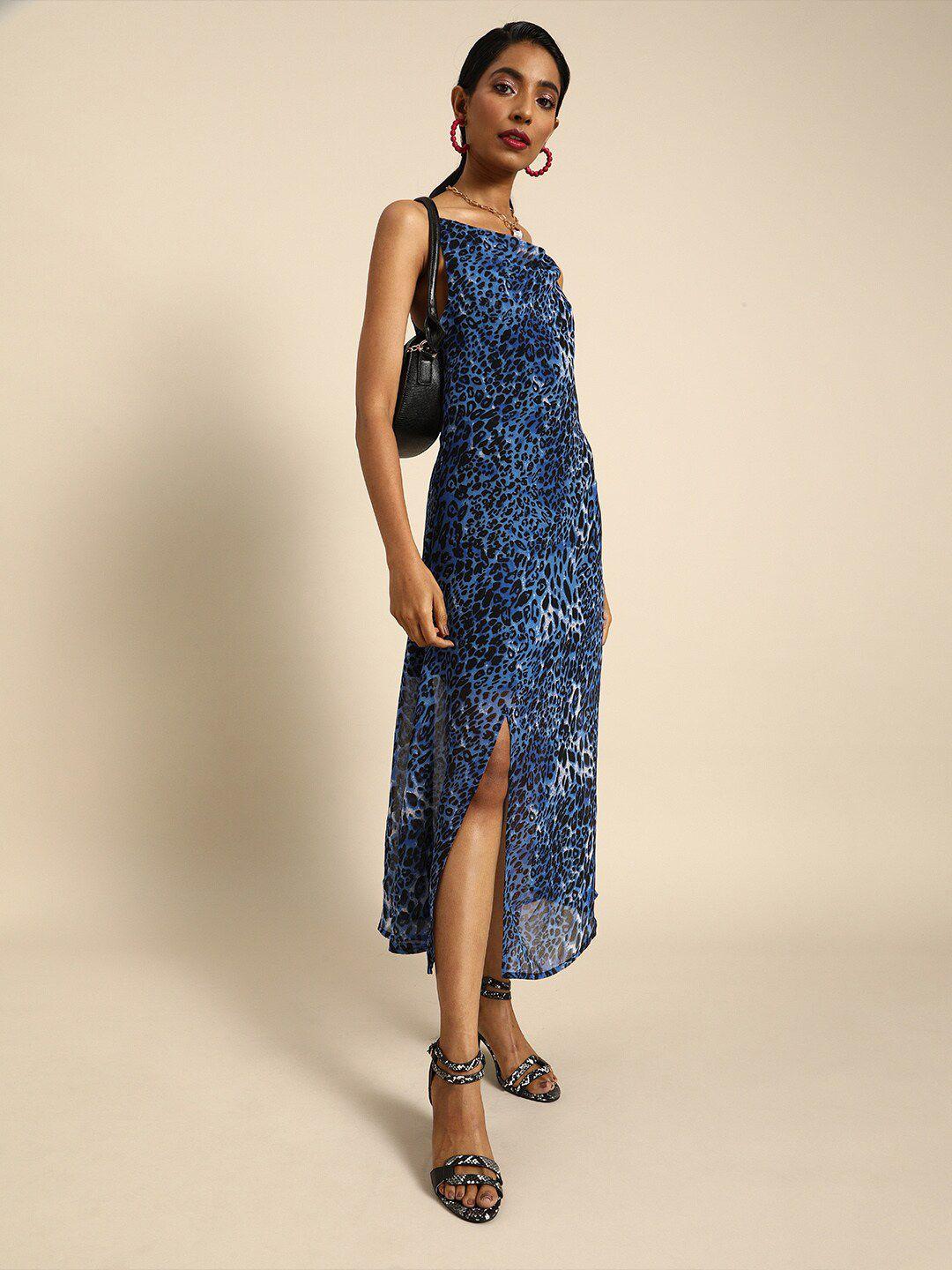 dodo & moa blue & black animal skin printed shoulder straps georgette a-line dress