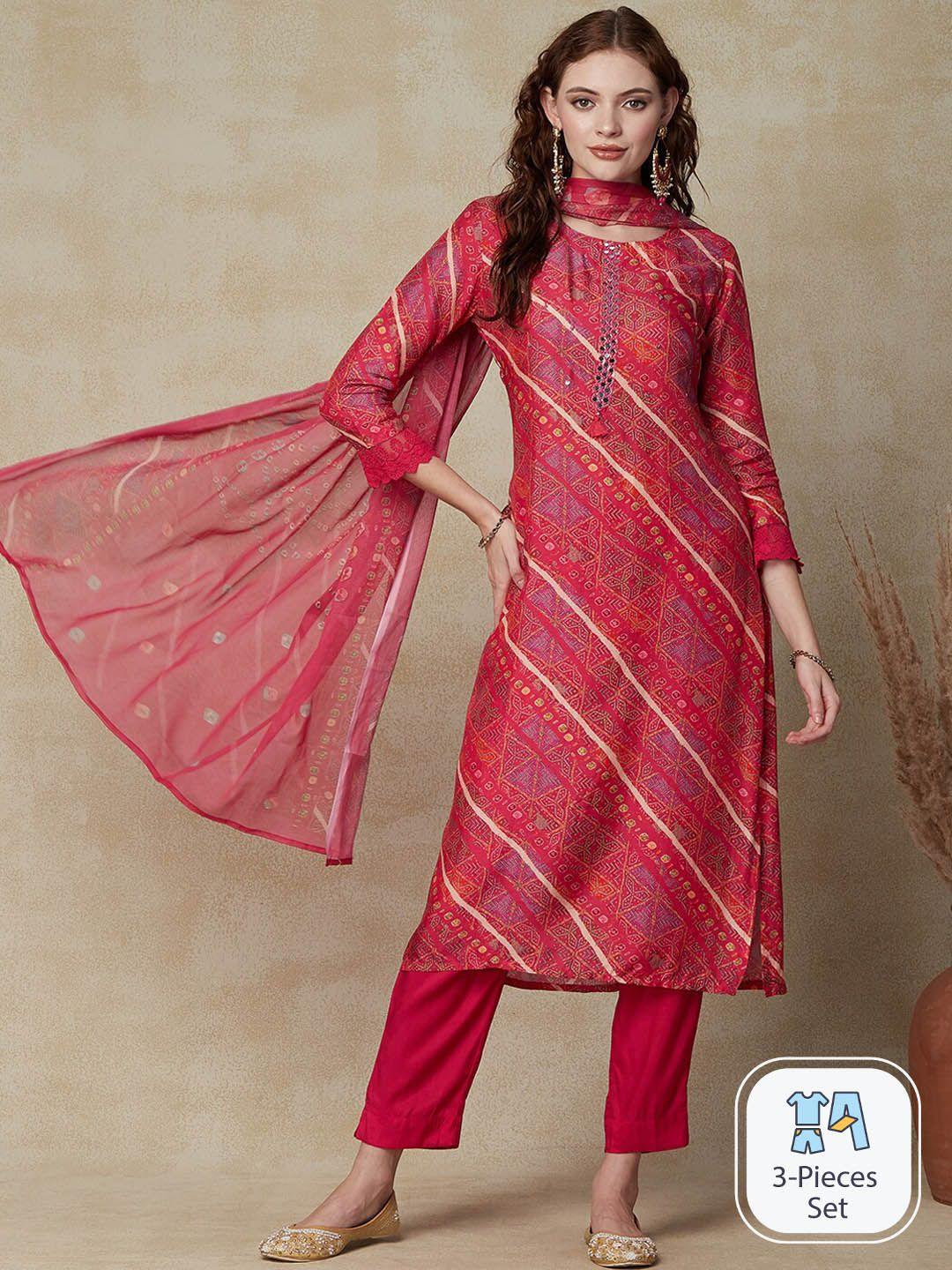 fashor women magenta ethnic motifs printed regular mirror work kurta with trousers & with dupatta