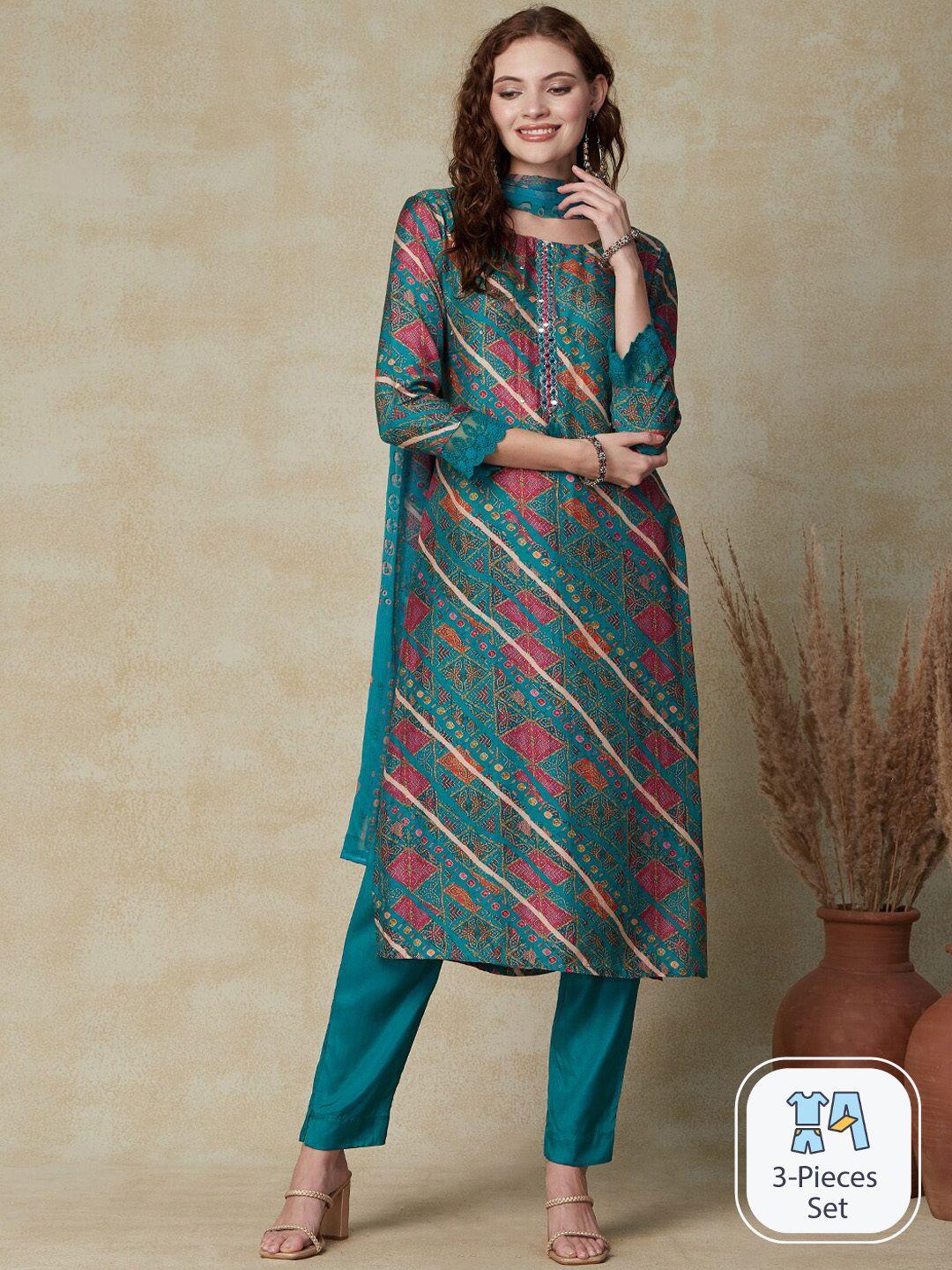 fashor women green ethnic motifs printed regular mirror work kurta with trousers & with dupatta