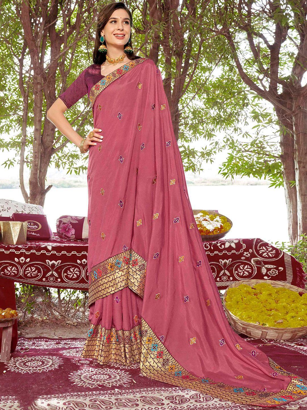 mitera pink & blue ethnic motifs embroidered zari saree