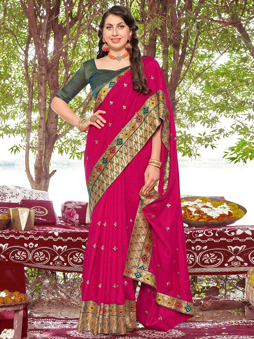 mitera pink & green ethnic motifs embroidered saree