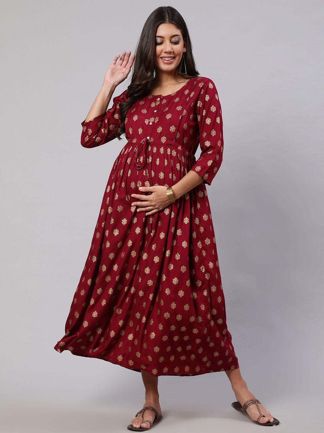 nayo ethnic motifs printed gathered maternity fit & flare dress