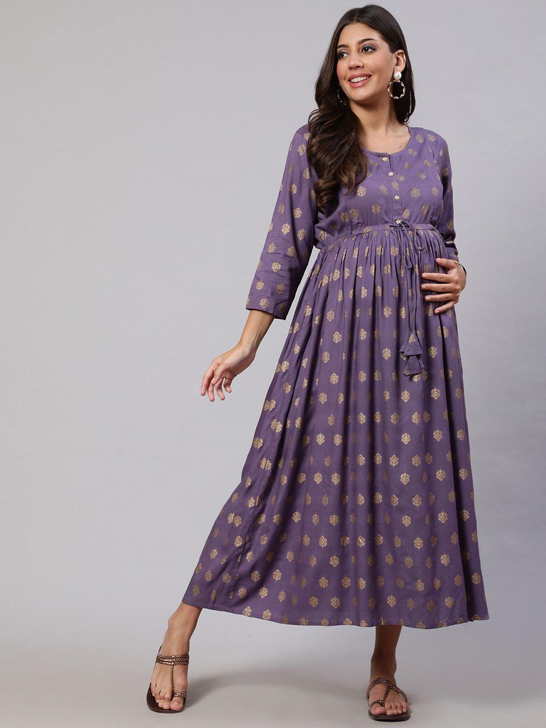 nayo ethnic motifs printed gathered maternity fit & flare dress