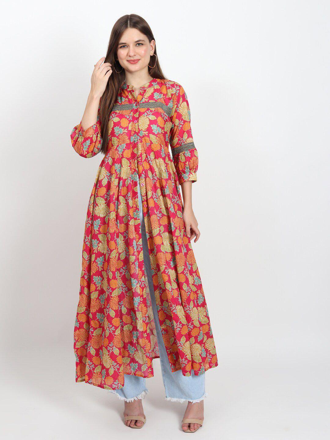 isam floral printed mandarin collar fusion high slit kurta