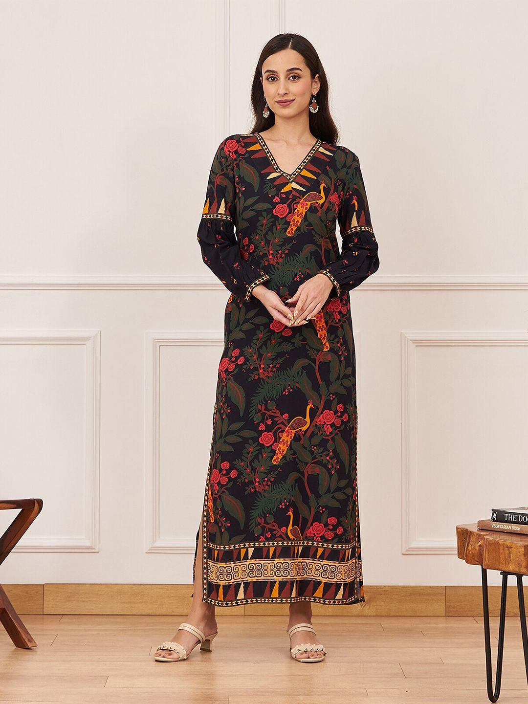 rustorange floral print v-neck cuffed sleeves maxi dress