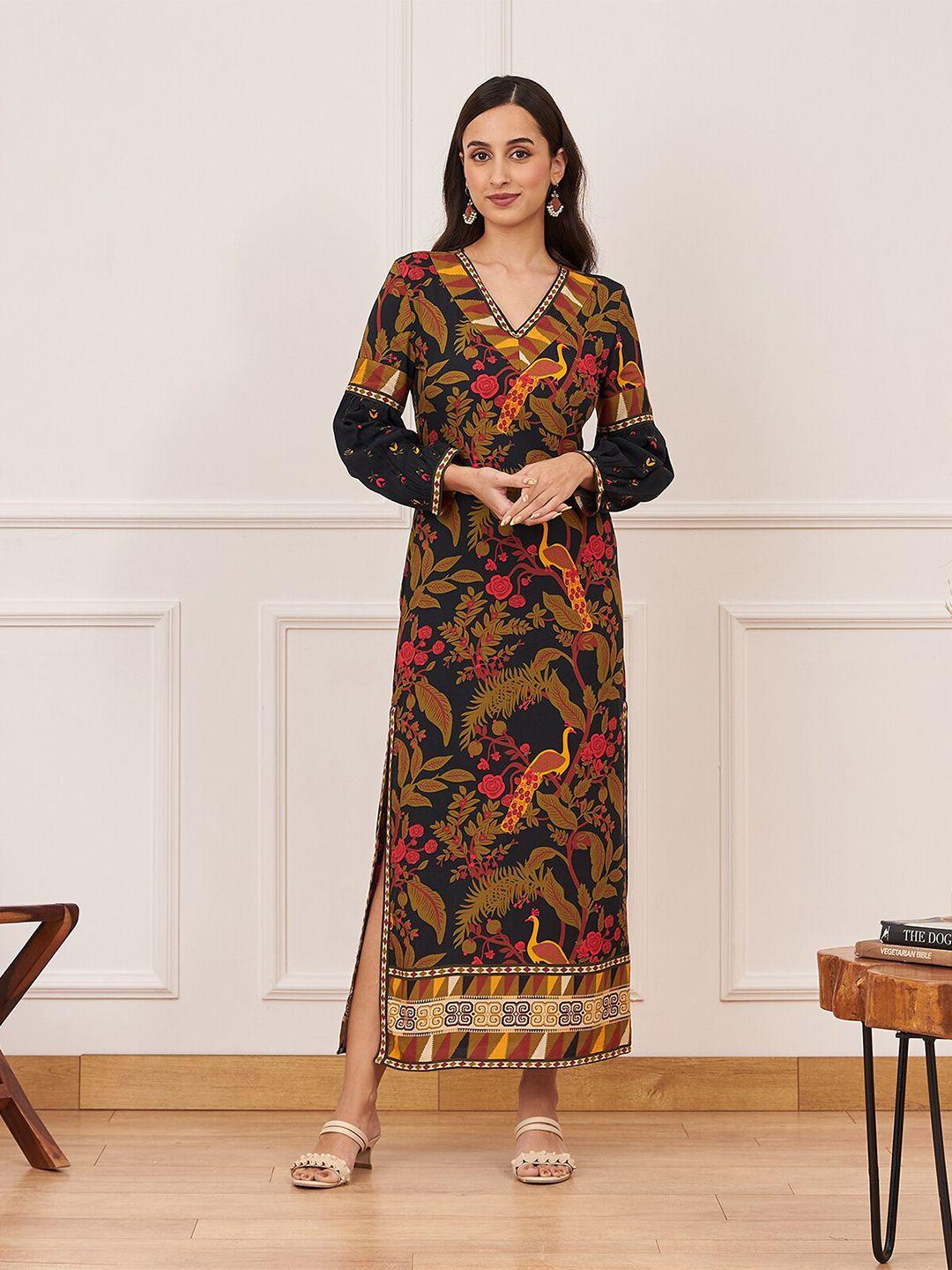 rustorange floral print v-neck cuffed sleeves maxi dress