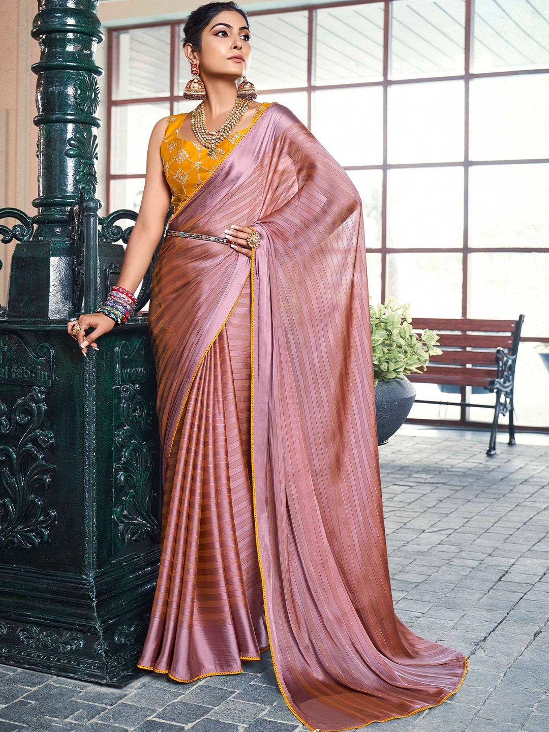 mitera peach-coloured & yellow striped satin saree