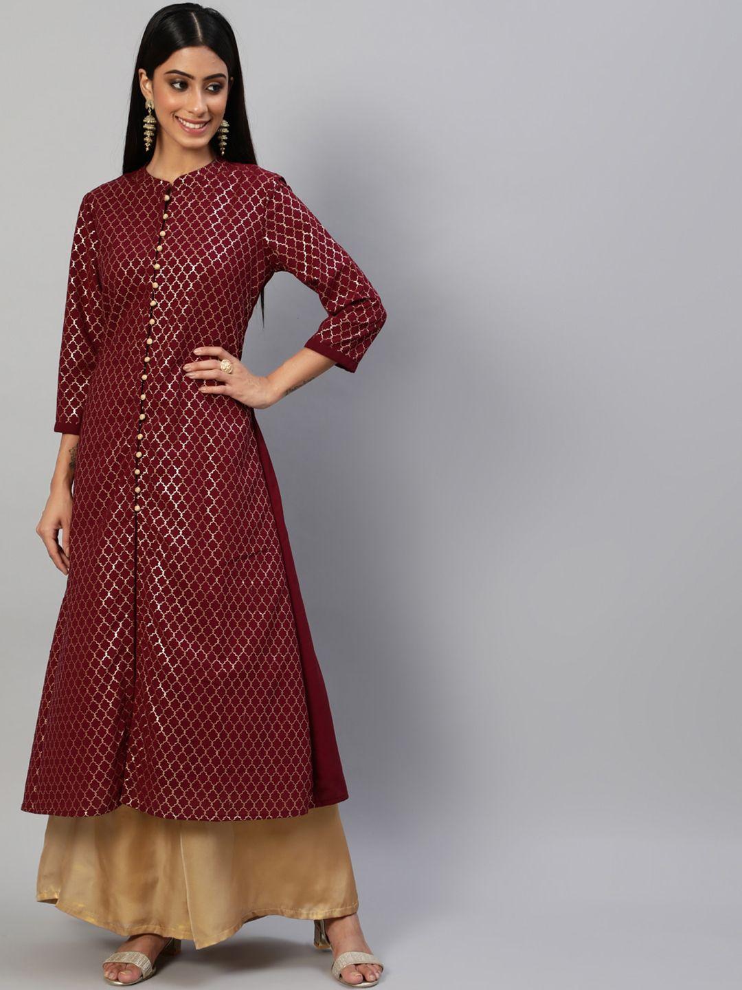 aks couture geometric printed mandarin collar georgette a-line kurta