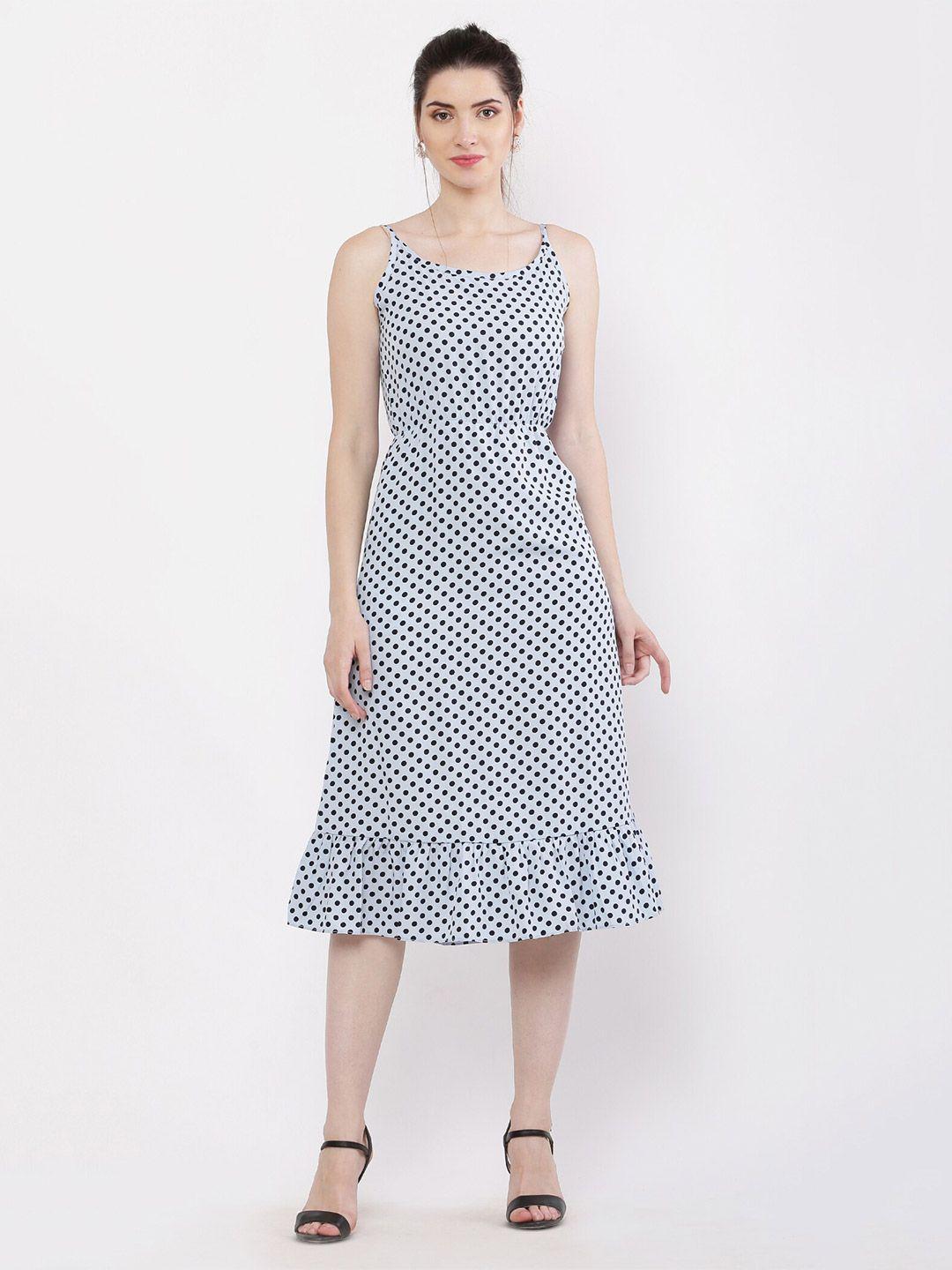 baesd polka dot printed shoulder straps flounce hem fit & flare midi dress